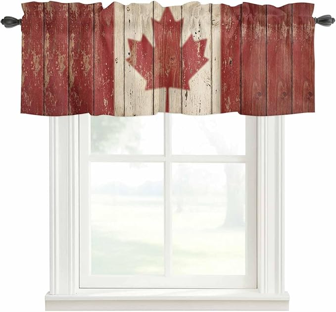 Canada Curtain Valances for Windows, Kitchen Valance Window Treatment, Red Maple Leaf Flag Vintage Farmhouse Wooden Grain Light Filtering Block Curtains for Bathroom/Bedroom/Living Room 42'' x 18''
