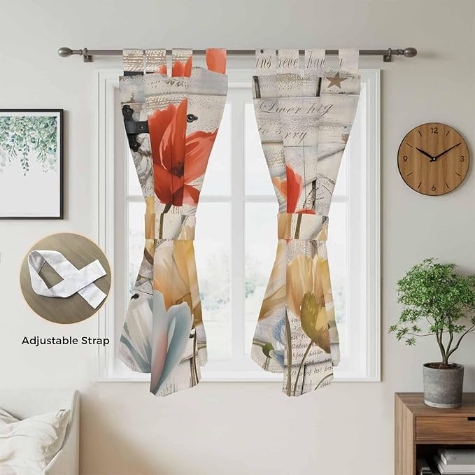 Retro Floral Bedroom Curtains 72 Inch Length, Window Curtains Tab Top, Red Yellow Tulips Barm Doors Farmhouse Wooden Light Filtering Window Treatments Drapes 52"x72" 2 Panel