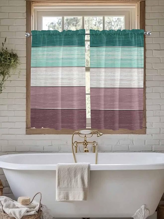 Retro Farm Woodcuts Texture Window Valance Curtains, Green Brown Gradient Light Filtering Kitchen Valance with 3-inch Rod Pocket for Living Room Bathroom Bedroom,2 Panel,52x45In