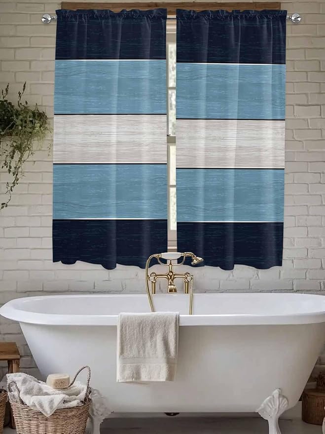 Vintage Country Woodcuts Window Valance Curtains, Blue Gradient Striped Light Filtering Kitchen Valance with 3-inch Rod Pocket for Living Room Bathroom Bedroom,2 Panel,52x72In