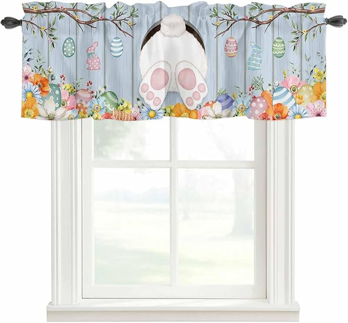 Easter Curtain Valances for Windows, Kitchen Valance Window Treatment, Spring Watercolor Bunny Eggs Flower Wood Grain Blue Light Filtering Block Curtains for Bathroom/Bedroom/Living Room 60'' x 18''