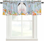Easter Curtain Valances for Windows, Kitchen Valance Window Treatment, Spring Watercolor Bunny Eggs Flower Wood Grain Blue Light Filtering Block Curtains for Bathroom/Bedroom/Living Room 60'' x 18''