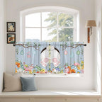 Easter Kitchen Tier Curtains 24 Inch Long 2 Panel Set,Rod Pocket Cafe Small Window Curtains Over Sink,Spring Watercolor Bunny Eggs Flower Wood Grain Blue Light Filtering Short Drapes 27.5"W x 24"L