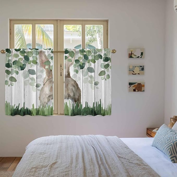 Easter Kitchen Curtains, Country Rabbit Botanical Leaves Wooden Grain Light Filtering Window Curtain Panels, 2Pcs Rod Pocket Window Treatments Set for Cabin Bathroom Bedroom 52x45 Inches
