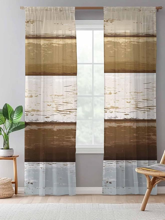 Sheer Curtains 96 Inches Long, Wood Grain Brown Semi Sheer Curtains Light Filtering Window Treatment, Farmhouse Vintage Country Geometric Privacy Voile Drapes for Living Room Bedroom 52x96 Inch