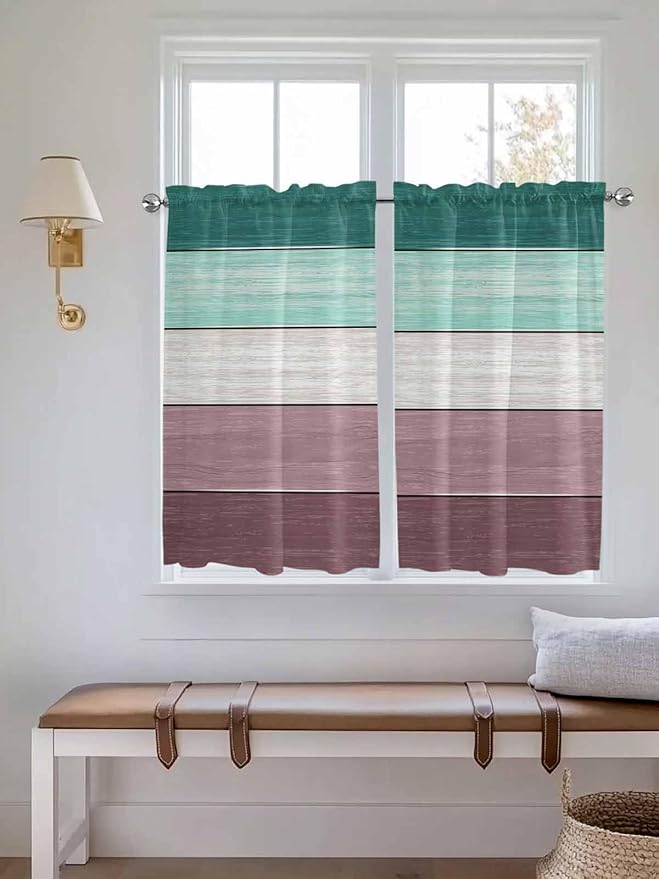 Retro Farm Woodcuts Texture Window Valance Curtains, Green Brown Gradient Light Filtering Kitchen Valance with 3-inch Rod Pocket for Living Room Bathroom Bedroom,2 Panel,52x54In