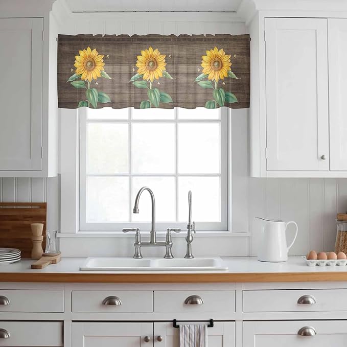 Summer Sunflower Sheer Valance Curtains, Yellow Floral Plants Bees Brown Wood Grain Light Filtering Kitchen Valances Rod Pocket Voile Curtain Window Treatment for Bedroom/Living Room/Basement 60Wx18L