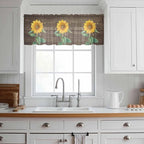 Summer Sunflower Sheer Valance Curtains, Yellow Floral Plants Bees Brown Wood Grain Light Filtering Kitchen Valances Rod Pocket Voile Curtain Window Treatment for Bedroom/Living Room/Basement 60Wx18L