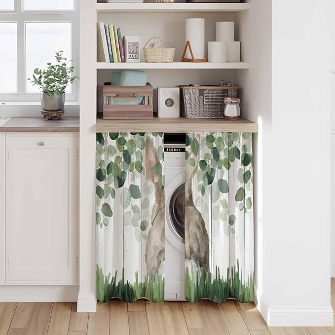 Easter Kitchen Curtains, Country Rabbit Botanical Leaves Wooden Grain Light Filtering Window Curtain Panels, 2Pcs Rod Pocket Window Treatments Set for RV Dining Room Study Room 42x45 Inches