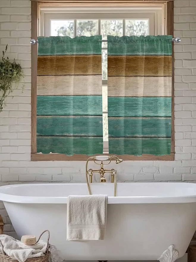 Vintage Plank Turquoise Brown Window Valance Curtains, Farmhouse Wood Grain Light Filtering Kitchen Valance with 3-inch Rod Pocket for Living Room Bathroom Bedroom,2 Panel,27.5x45In