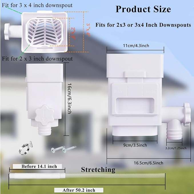 Rain Barrel Diverter Kit, Downspout Diverter Fits for 2x3 or 3x4 Inch Gutter Downspouts, Rainwater Collection System with Adjustable Valve and Filter - White