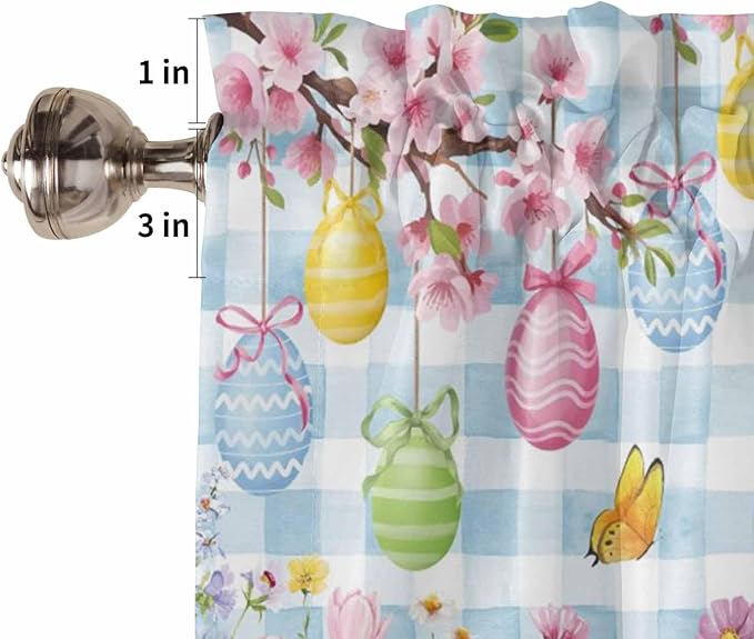 Happy Easter Tier Curtains 45 Inches Long, Spring Watercolor Bunny Eggs Flower Blue Plaid Window Treatment Curtain Drapes, Small Curtain Drapes for Bathroom Laundry Room, 27.5"x45", 2 Panels