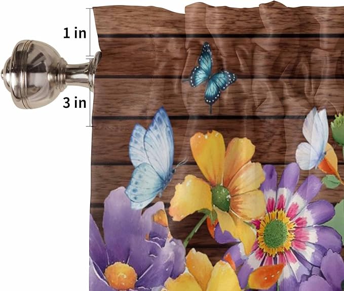 Spring Flowers Kitchen Curtains 54 Inches length, Watercolor Farmhouse Colorful Wooden Grain Window Treatment Curtain Drapes, Thermal Insulated Drapes for Basement Hotel RV, 42"x54", 2 Panels
