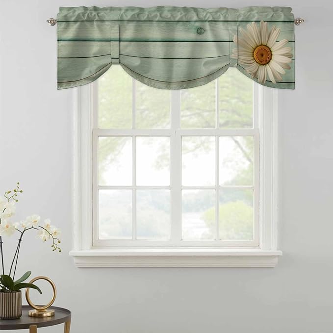 Daisy Flower Tie Up Valance Curtains for Windows, Kitchen Curtains Window Shades, Modern Art Floral Farmhouse Teal Wooden Grain Light Filtering Roman Curtain Valances for Bedroom/Bathroom/Cafe 60"x18"