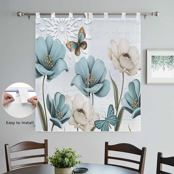 Blue Tulips Living Room Curtains 84 Inch Length, Window Curtains Tab Top, Watercolor Flowers Butterfly Spring Farmhouse Blue Light Filtering Window Treatments Drapes 42"x84" 2 Panel