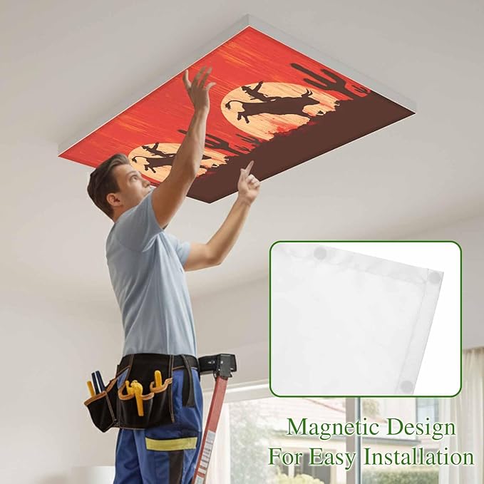 Fluorescent Light Covers for Drop Ceiling Western Cowboys Horse Riding on Red Magnetic Light Filters, Abstract Cactus Desert Ceiling Shade Filters for Home Classroom Office,2x4 ft,4Packs