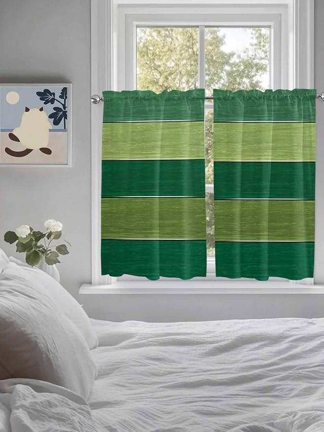 Farm Retro Green Wood Grain Window Valance Curtains, Rustic Wooden Plank Texture Light Filtering Kitchen Valance with 3-inch Rod Pocket for Living Room Bathroom Bedroom,2 Panel,27.5x45In
