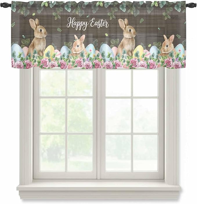 Easter Sheer Valances for Windows 60"x18", Light Filtering Kitchen Curtains Valance, Spring Watercolor Bunny Eggs Flower Leaf Wood Grain Rod Pocket Chiffon Curtains for Living Room Bedroom Cafe