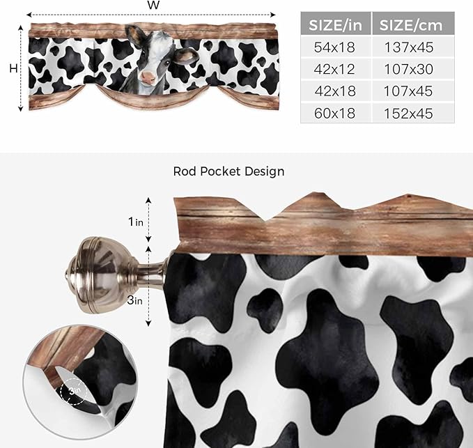Cow Printed Tie Up Valance Curtains for Windows, Kitchen Curtains Window Shades, Farmhouse Watercolor Country Wooden Grain Light Filtering Roman Curtain Valances for Bedroom/Bathroom/Cafe 54"x18"