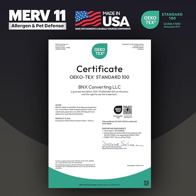 BNX TruFilter 20x24x2 Air Filter MERV 11 (4-Pack) - MADE IN USA - Allergen Defense Electrostatic Pleated Air Conditioner HVAC AC Furnace Filters for Allergies, Dust, Pet, Smoke, Allergy MPR 1200 FPR 7