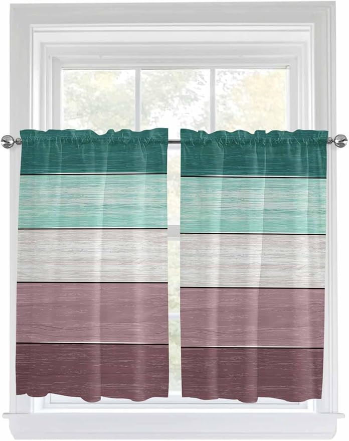 Retro Farm Woodcuts Texture Window Valance Curtains, Green Brown Gradient Light Filtering Kitchen Valance with 3-inch Rod Pocket for Living Room Bathroom Bedroom,2 Panel,42x45In