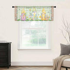 Easter Sheer Valances for Windows 42"x12", Light Filtering Kitchen Curtains Valance, Gnomes Flowers Duck Eggs Green Lattice Wooden Rod Pocket Chiffon Curtains for Living Room Bedroom Cafe