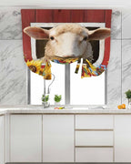 Tie Up Curtains for Windows, Sheep Sunflower Adjustable Balloon Nature Linen Textured Kitchen Curtain, Country Red Farm Barn Spring Flowers Tie Up Blackout Curtains for Bedroom, 52 x 63 Inches