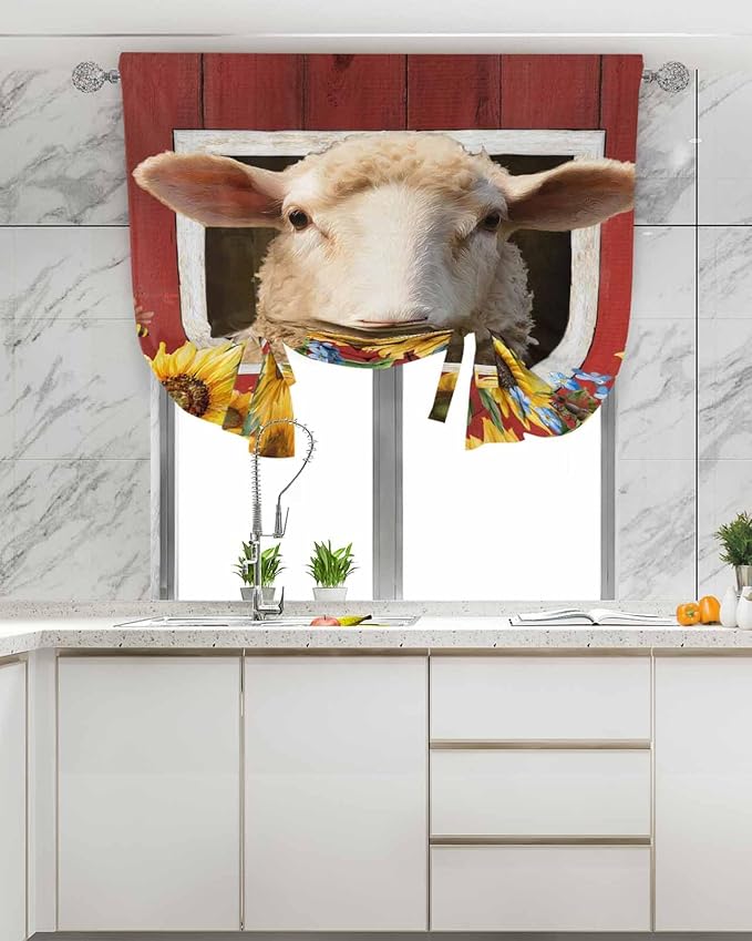 Tie Up Curtains for Windows, Sheep Sunflower Adjustable Balloon Nature Linen Textured Kitchen Curtain, Country Red Farm Barn Spring Flowers Tie Up Blackout Curtains for Bedroom, 52 x 63 Inches