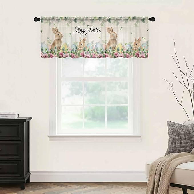 Easter Sheer Valances for Windows 42"x18", Light Filtering Kitchen Curtains Valance, Spring Watercolor Bunny Eggs Flower Leaf Beige Rod Pocket Chiffon Curtains for Living Room Bedroom Cafe