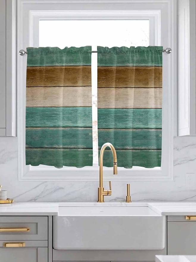 Vintage Plank Turquoise Brown Window Valance Curtains, Farmhouse Wood Grain Light Filtering Kitchen Valance with 3-inch Rod Pocket for Living Room Bathroom Bedroom,2 Panel,42x54In