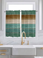 Vintage Plank Turquoise Brown Window Valance Curtains, Farmhouse Wood Grain Light Filtering Kitchen Valance with 3-inch Rod Pocket for Living Room Bathroom Bedroom,2 Panel,42x45In