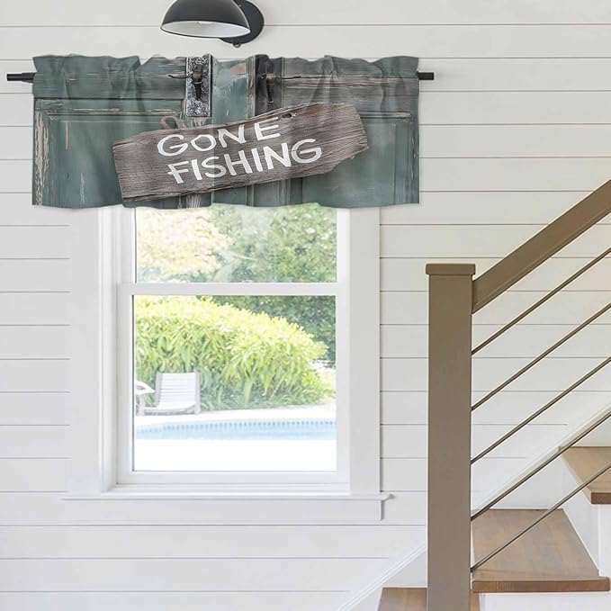 Gone Fishing Valances for Windows, Bronze Wood Grain Kitchen Valance Light Filtering Rod Pocket Short Curtains for Kitchen Bathroom, 1 Panel, 54"x18"
