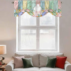 Easter Tie Up Valance Curtains for Windows, Kitchen Curtains Window Shades, Spring Rabbit Ears Foot Eggs Floral Wooden Grain Light Filtering Roman Curtain Valances for Bedroom/Bathroom/Cafe 42"x12"