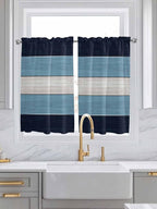 Vintage Country Woodcuts Window Valance Curtains, Blue Gradient Striped Light Filtering Kitchen Valance with 3-inch Rod Pocket for Living Room Bathroom Bedroom,2 Panel,52x45In