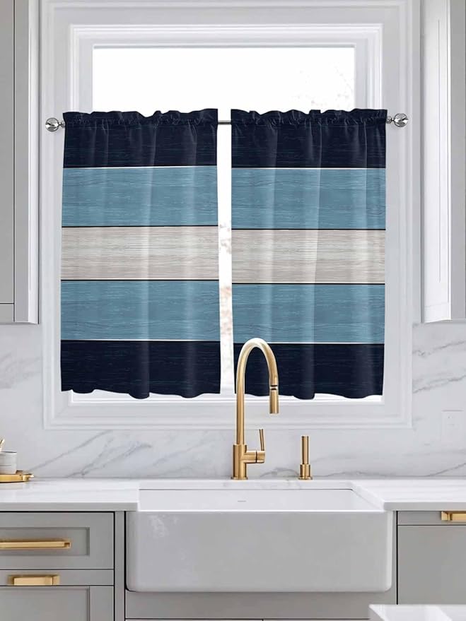 Vintage Country Woodcuts Window Valance Curtains, Blue Gradient Striped Light Filtering Kitchen Valance with 3-inch Rod Pocket for Living Room Bathroom Bedroom,2 Panel,27.5x45In