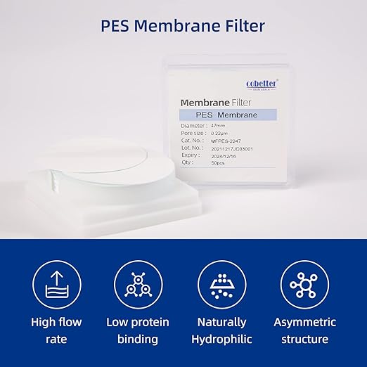 100 Pieces/Pack PES Disc Membrane Filters Hydrophilic 47mm Diameter 0.22µm Pore Size