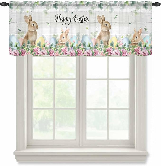 Easter Sheer Valances for Windows 42"x18", Light Filtering Kitchen Curtains Valance, Spring Watercolor Bunny Eggs Flower Leaf Wooden Grey Rod Pocket Chiffon Curtains for Living Room Bedroom Cafe