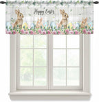 Easter Sheer Valances for Windows 42"x18", Light Filtering Kitchen Curtains Valance, Spring Watercolor Bunny Eggs Flower Leaf Wooden Grey Rod Pocket Chiffon Curtains for Living Room Bedroom Cafe