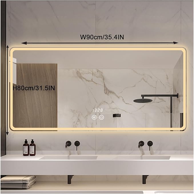 Smart Lighted Bathroom Mirror for Wall，Bathroom Mirror with LED Lights，Energy-Saving LED Smart Mirrors，LED Mirror for Bathroom，with Demister Pad and Smart Touch Switch(H80*W90cm/H31.5*W35.4IN)