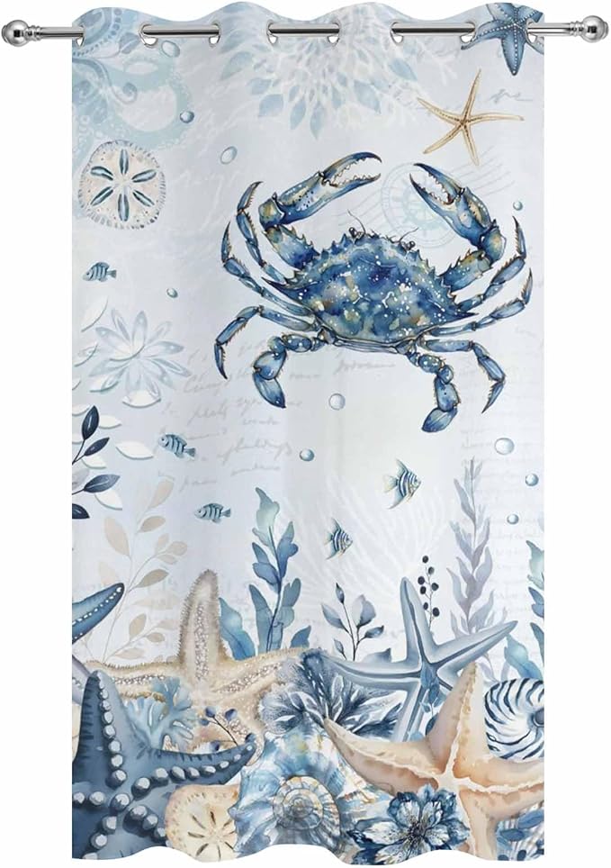 Oceans Outdoor Curtains for Patio Crabs Marine Life Shell Starfish Blue Waterproof Outside Curtains with Grommet Top Weatherproof Curtain for Cabana Pergola Gazebo, 1 Panel, 54" W x 95" L