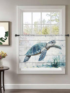 Sheer Curtains 54 Inch Length, Teal Green Sea Turtle Semi Sheer Curtains Light Filtering Window Treatment, Summer Ocean Vintage Wood Grain Privacy Voile Drapes for Living Room Bedroom 52x54 Inch