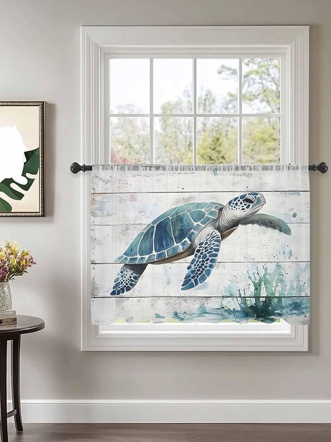 Sheer Curtains 54 Inch Length, Teal Green Sea Turtle Semi Sheer Curtains Light Filtering Window Treatment, Summer Ocean Vintage Wood Grain Privacy Voile Drapes for Living Room Bedroom 52x54 Inch