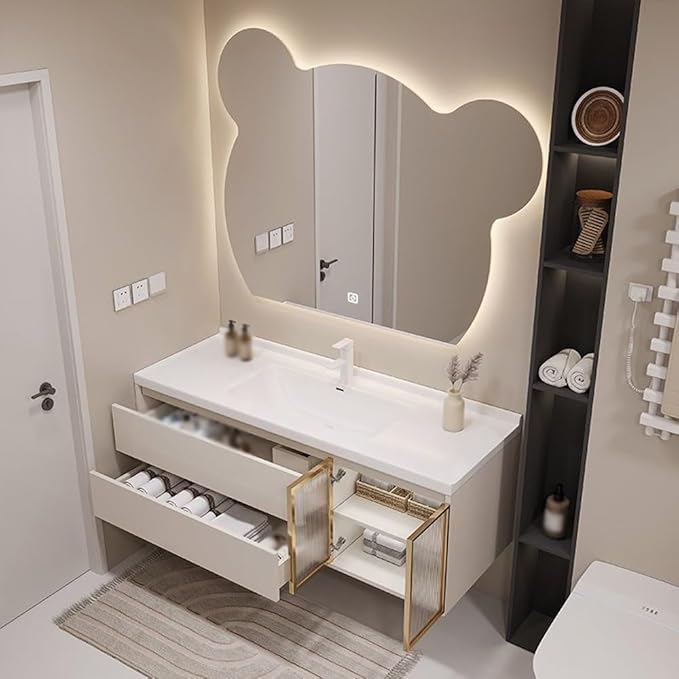LTSRLL LED Vanity Mirror Cute Bear Decorative Mirror for Bathroom & Dressing Tabler Backlight Wall Mirror with 3 Color Dimmable Light Demister Pad Human Body Sensor Switch(Cut Right,80cmx95cm)