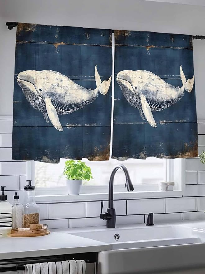 Sheer Curtains 54 Inch Length, Ocean Vintage Whale Semi Sheer Curtains Light Filtering Window Treatment, Summer Retro Wood Grain Privacy Voile Drapes for Living Room Bedroom 52x54 Inch