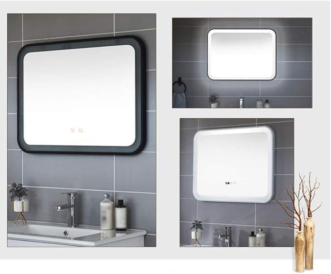 Bathroom Mirror with LED Light and Demister Pad Wall Mounted Mirror Makeup Shaving Mirror Smart Touch Switch (Black 600 * 800mm)