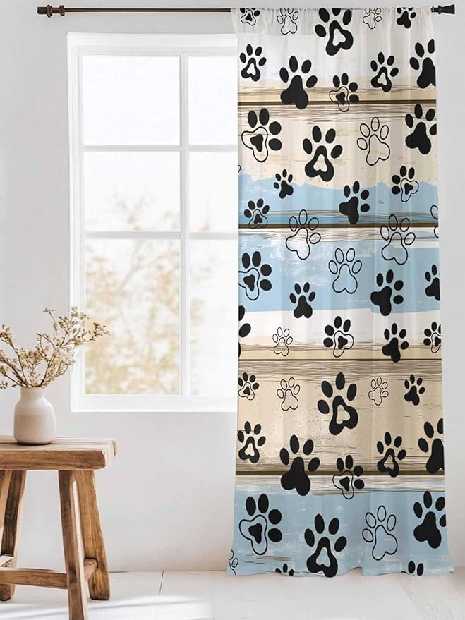 Sheer Curtains 108 Inches Long, Blue Dog Paw Print Semi Sheer Curtains Light Filtering Window Treatment, Vintage Farmhouse Rustic Wooden Grain Privacy Voile Drapes for Living Room Bedroom 52x108 Inch