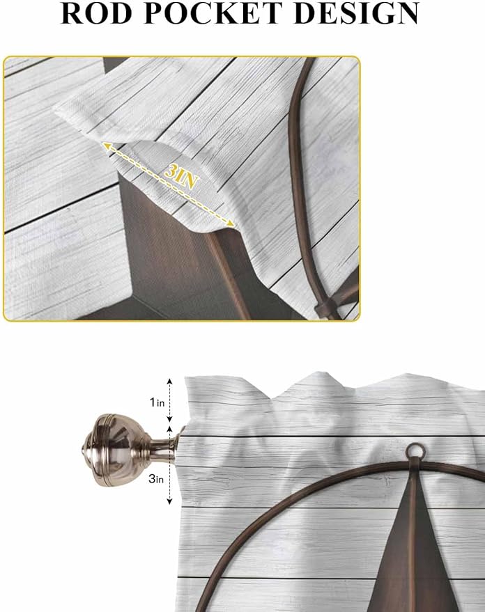 Vintage Farm Western Star Window Valance Curtains, White Wood Grain Light Filtering Kitchen Valance with 3-inch Rod Pocket for Living Room Bathroom Bedroom,2 Panel,27.5x45In