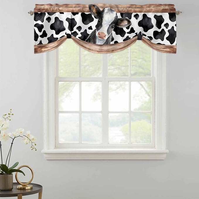Cow Printed Tie Up Valance Curtains for Windows, Kitchen Curtains Window Shades, Farmhouse Watercolor Country Wooden Grain Light Filtering Roman Curtain Valances for Bedroom/Bathroom/Cafe 42"x18"