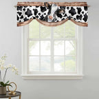 Cow Printed Tie Up Valance Curtains for Windows, Kitchen Curtains Window Shades, Farmhouse Watercolor Country Wooden Grain Light Filtering Roman Curtain Valances for Bedroom/Bathroom/Cafe 54"x18"