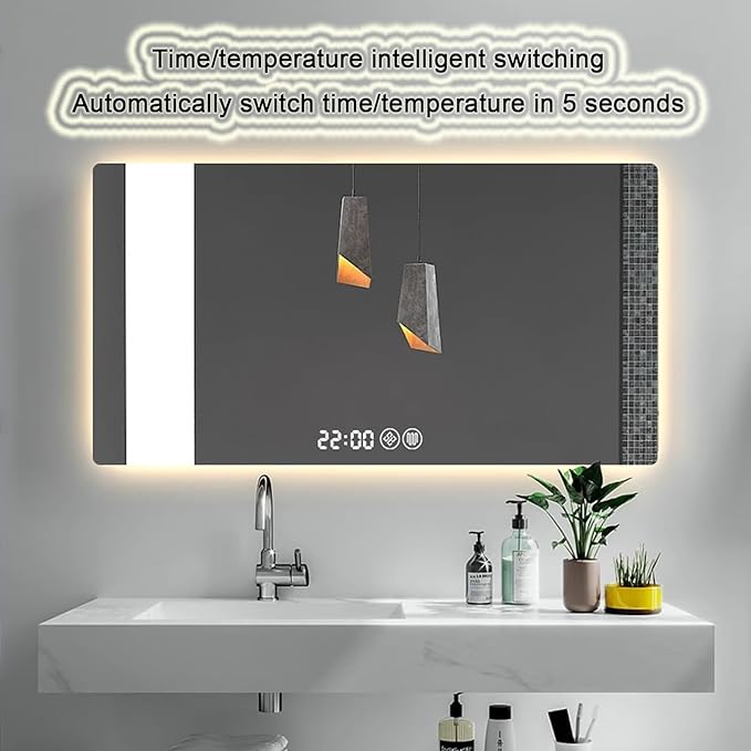 Bathroom Mirror with LED Lights，LED Bathroom Mirror，Smart Lighted Bathroom Mirror for Wall，Energy-Saving LED Smart Mirrors，with Demister Pad，Three-Color Light(H75*W100cm/H29.5*W39.4IN)